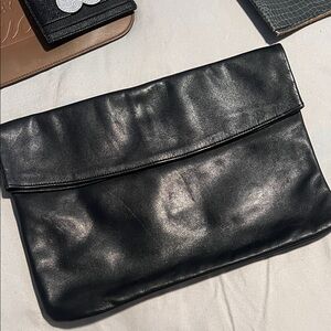 Black Genuine Leather Fold-over Zippered Clutch Bag